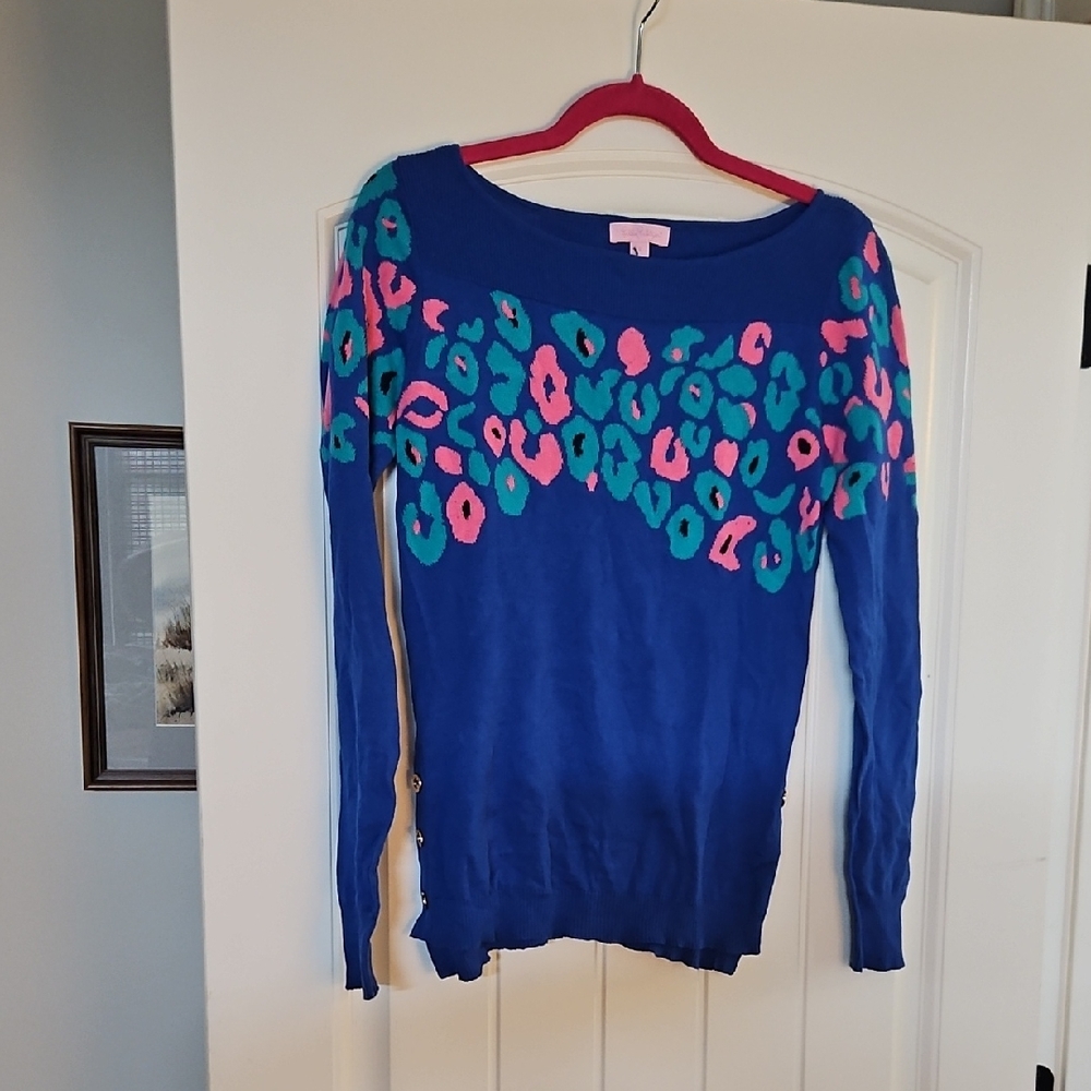Lilly Pulitzer Blue and Pink Crew Neck Sweater
